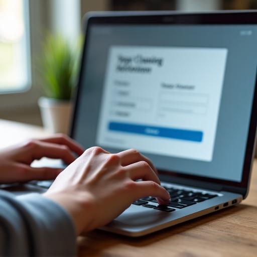 A close-up of hands typing on a laptop to book a cleaning service.