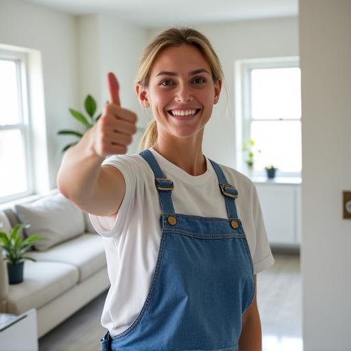 A homeowner giving a thumbs-up in a sparkling clean room.