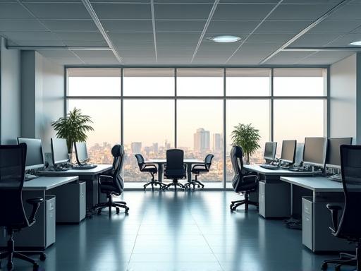 A modern, clean and empty small office space in the morning light.