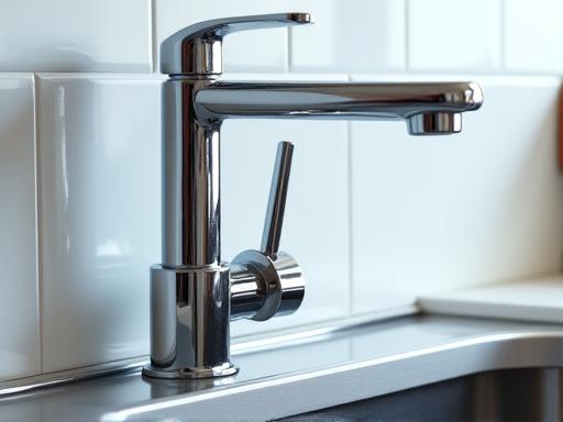 A detailed shot of a sparkling clean kitchen sink faucet and backsplash.