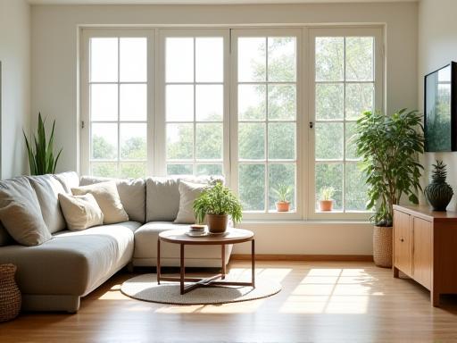 A bright and tidy living room with clean floors and organized furniture.